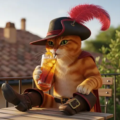 Stylish Feline Character Sipping Beverage in Boots and Hat