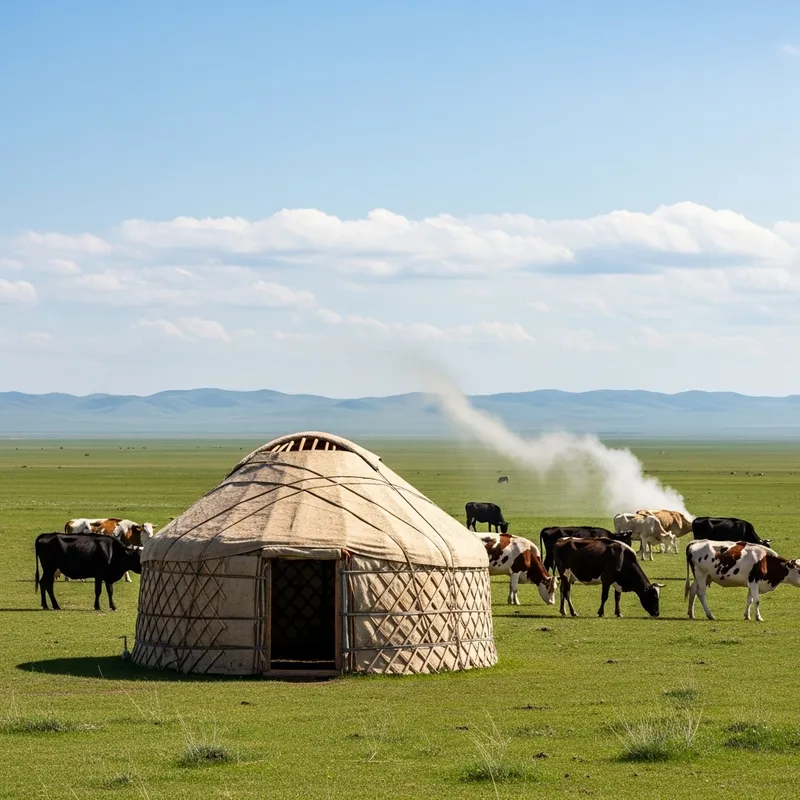 Kazakh Yurt and Cows in the Steppe Landscape