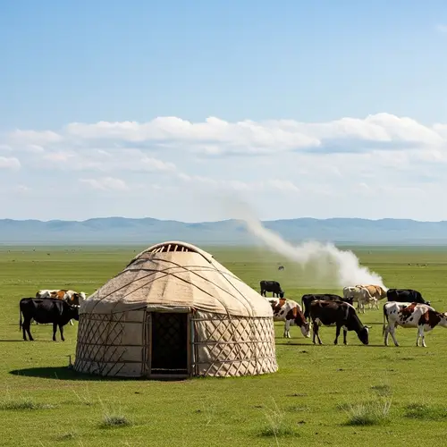 Kazakh Yurt and Cows in the Steppe Landscape