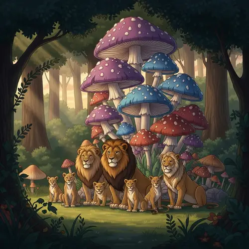 Magical Forest Lions: Diverse Pride Amid Colorful Mushrooms