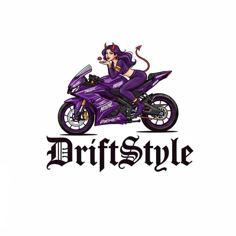 DriftStyle Logo - Devilish Female Character on Purple R15 Motorcycle