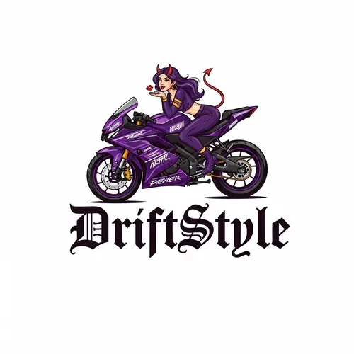 DriftStyle Logo - Devilish Female Character on Purple R15 Motorcycle