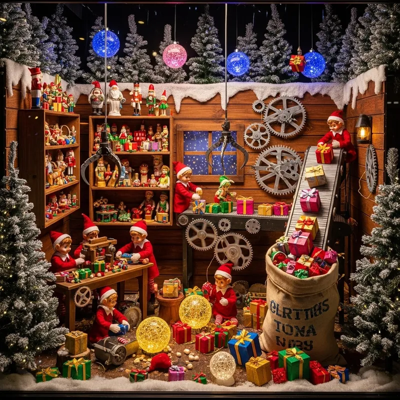 Enchanting Christmas Toy Factory Window Display in Elf's Workshop