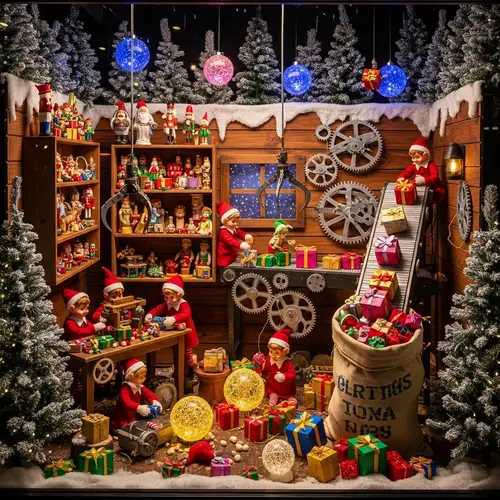 Magical Christmas Toy Factory Window Display in Elf's Workshop