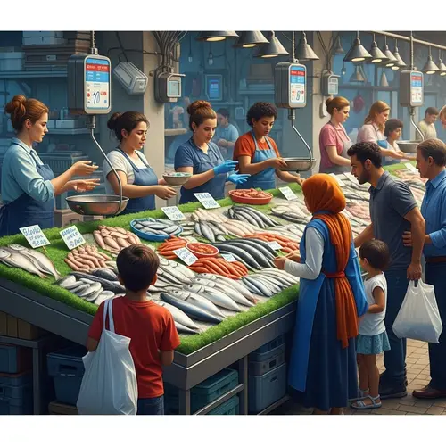 Diverse Fish Market Scene with Vibrant Atmosphere