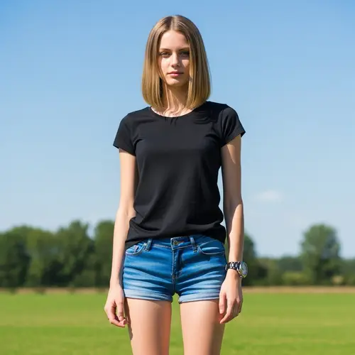 18-Year-Old Slim Caucasian Girl in Blue Denim Shorts Outdoors