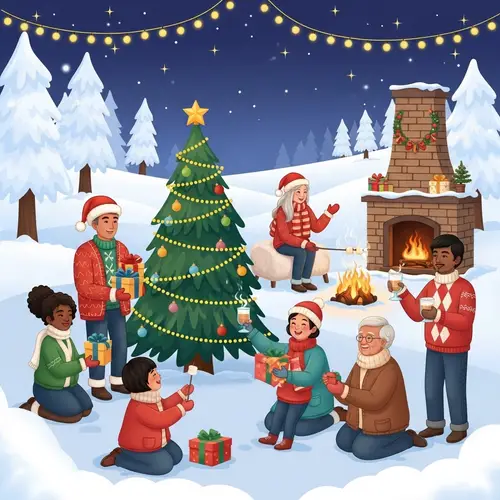 Whimsical Holiday Celebration with Diverse Group Sharing Gifts