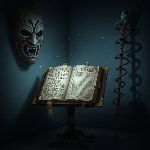 Sinister Mystical Power: Ancient Tome, Wooden Mask, and Crooked Staff