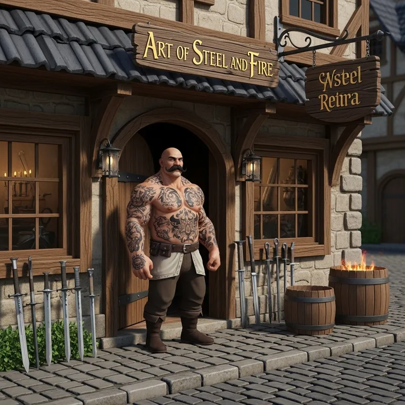 Muscular Tattooed Man at Art of Steel and Fire Shop | Intriguing Medieval Style