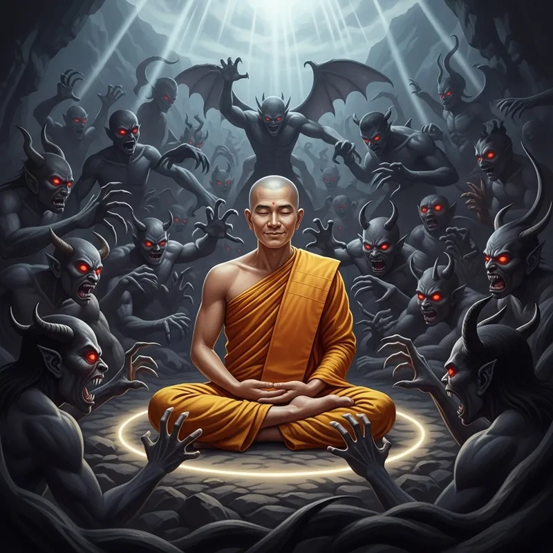 Tranquil Buddhist Monk Amidst Asian Demons