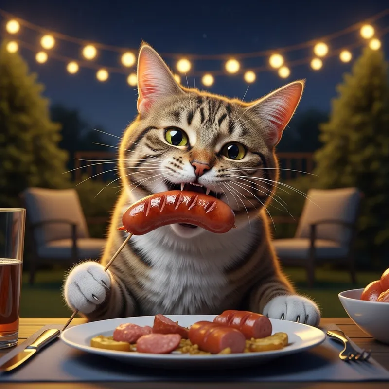 Ravenous Cat Indulging in Grilled Sausage | Cozy Backyard Setting