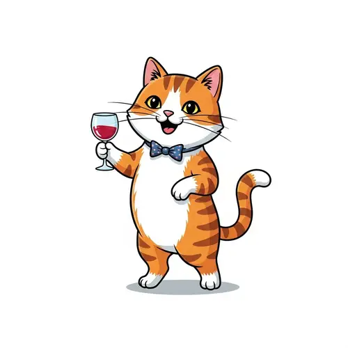 Whimsical Cartoon Cat Holding Glass of Wine