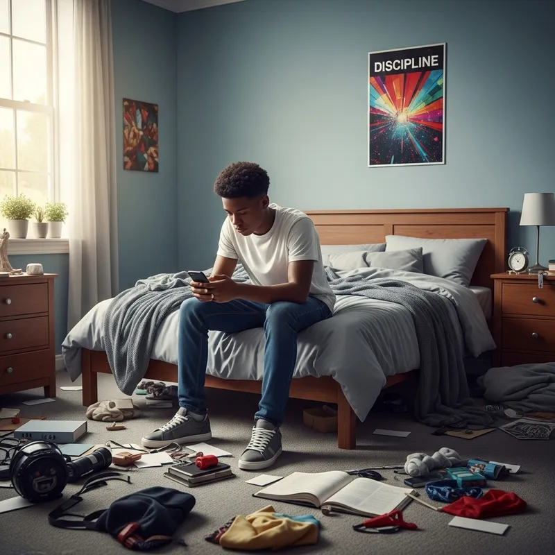 Discipline Poster in Chaos: 15-Year-Old African American Boy in Room