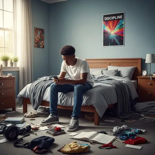 15-Year-Old African American Boy in a Room of Chaos and Clutter