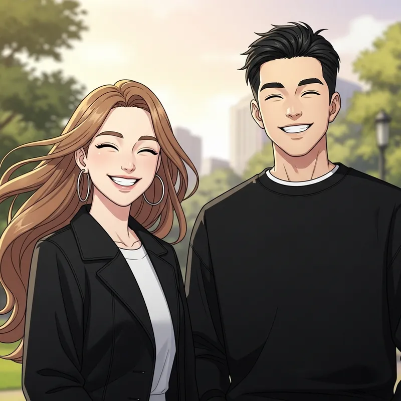 Young Woman and Man Smiling Together in Disney Pixar Style