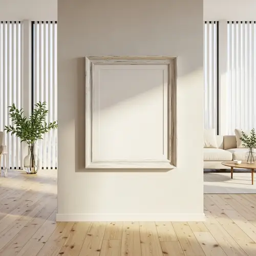Minimalist Living Room Interior: Empty White Frame and Warm Tones