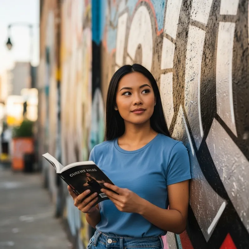 Stylish Young Woman with Book in Urban Setting Stylish Young Woman with Book in Urban Setting
