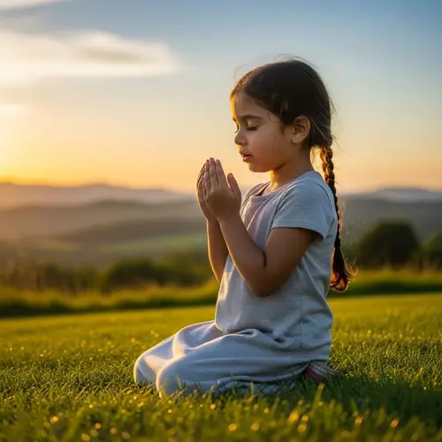 Child Praying Outdoors at Sunset for Peace