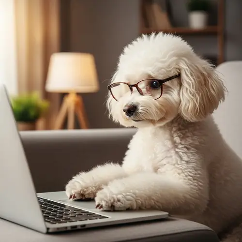 Smart Poodle in Glasses Using a Laptop