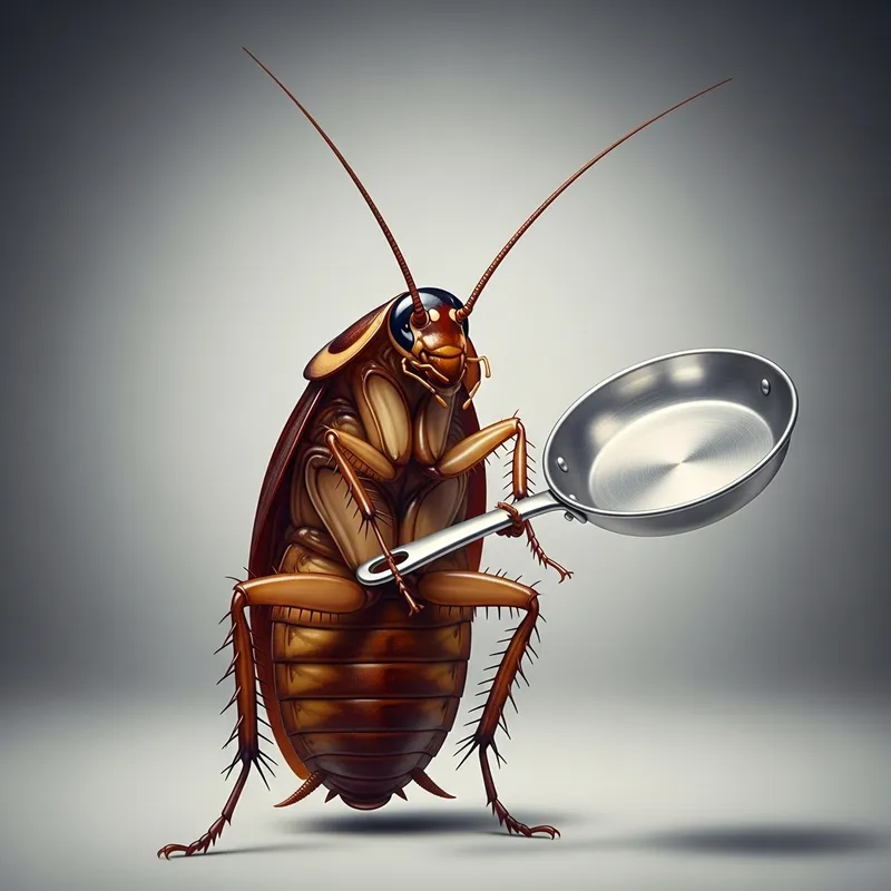 Anamorphic Brown Cockroach with Frying Pan Anamorphic Brown Cockroach with Frying Pan