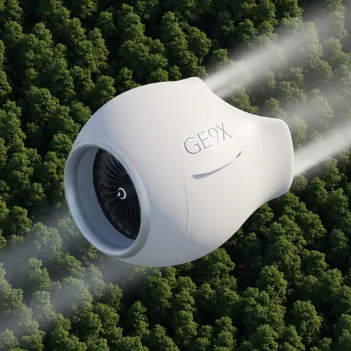 Photorealistic Isometric View of GE9X Aircraft Engine Flying Over Forest