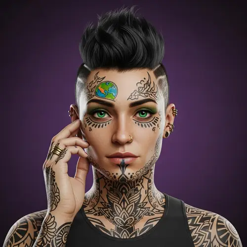 Masculine-Presenting Female Figure with Vibrant Tattoos and Striking Eyes