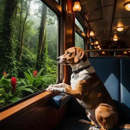 Dog on Train Looking at Jungle View