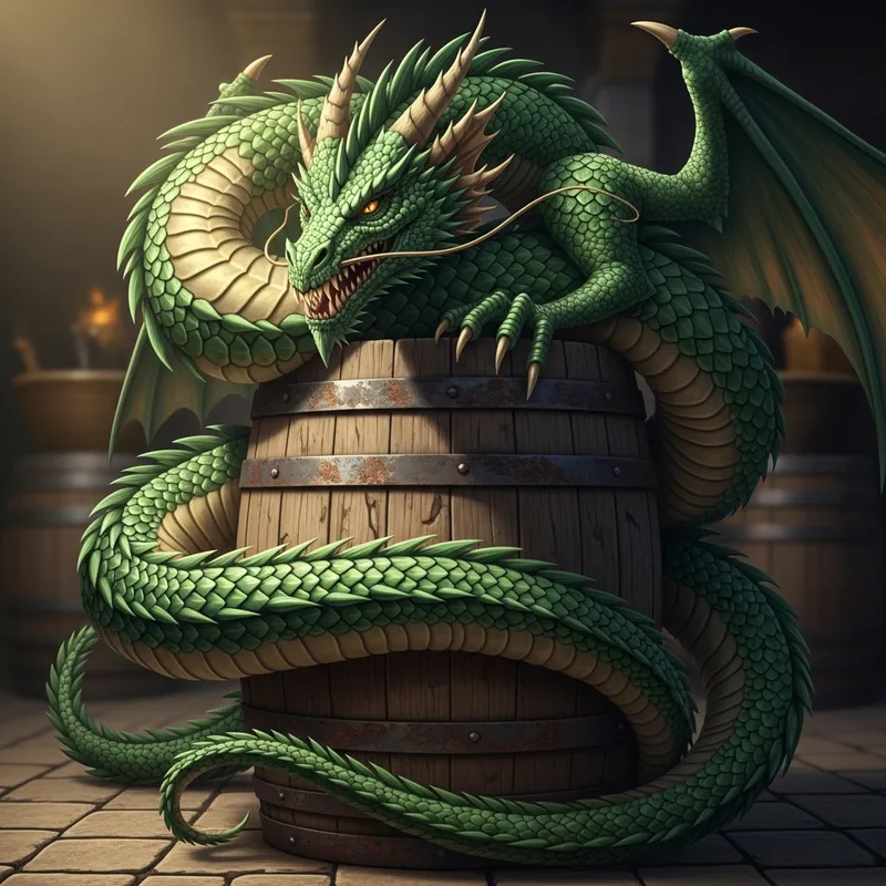 Intricately Illustrated Dragon Coiled Around Wooden Wine Barrel