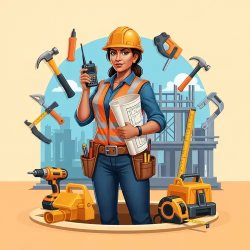 Strong Female Construction Foreman Illustration | Leader with Blueprint & Walkie-Talkie