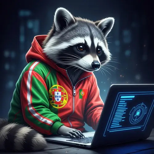 Mischievous Raccoon on Laptop with Portuguese Flag Jacket