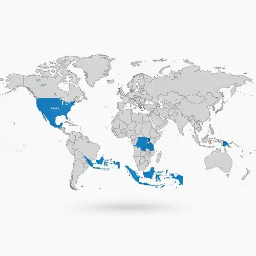 Colorful World Map Highlighting Brazil, Russia, Canada, US...