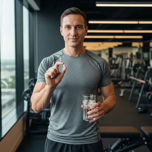 Caucasian Man with Dietary Supplement Pill in Fitness Room