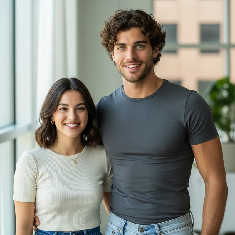 Young Woman with Curly-Haired Man Smiling Together