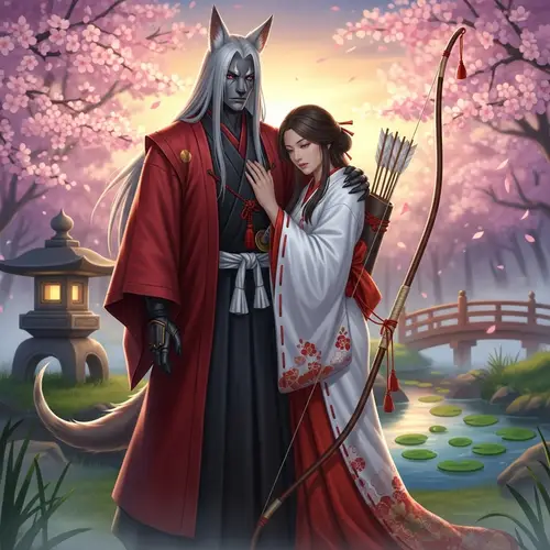 Mysterious Samurai and Priestess with Close Bond