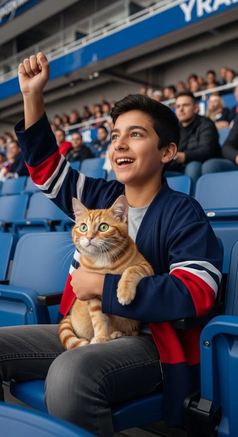 14-Year-Old Boy Watching Hockey Match with Tabby Cat
