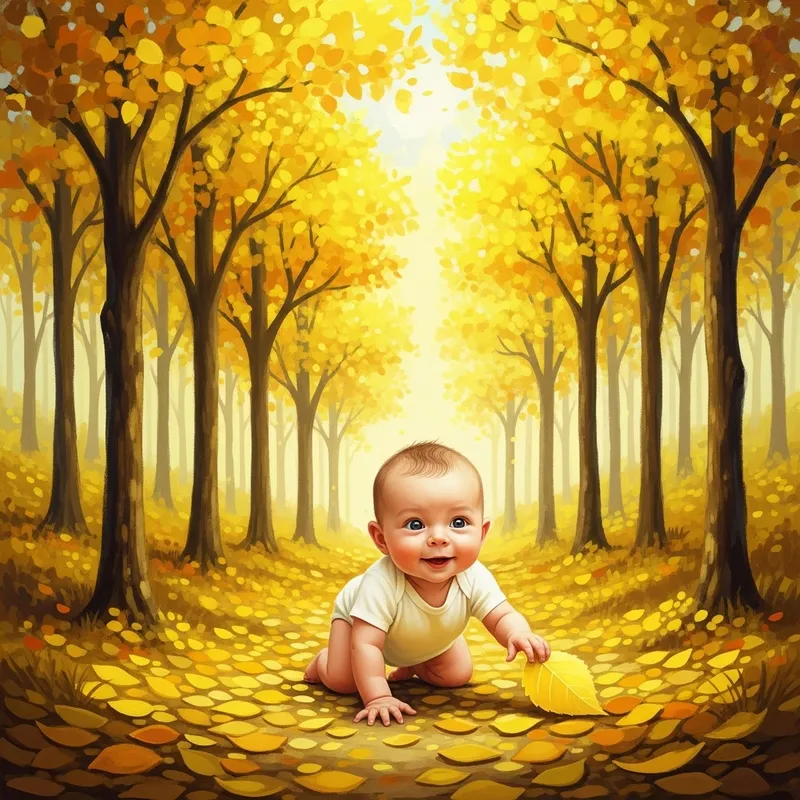 Newborn Baby Enjoying Sunny Yellow Forest Newborn Baby Enjoying Sunny Yellow Forest