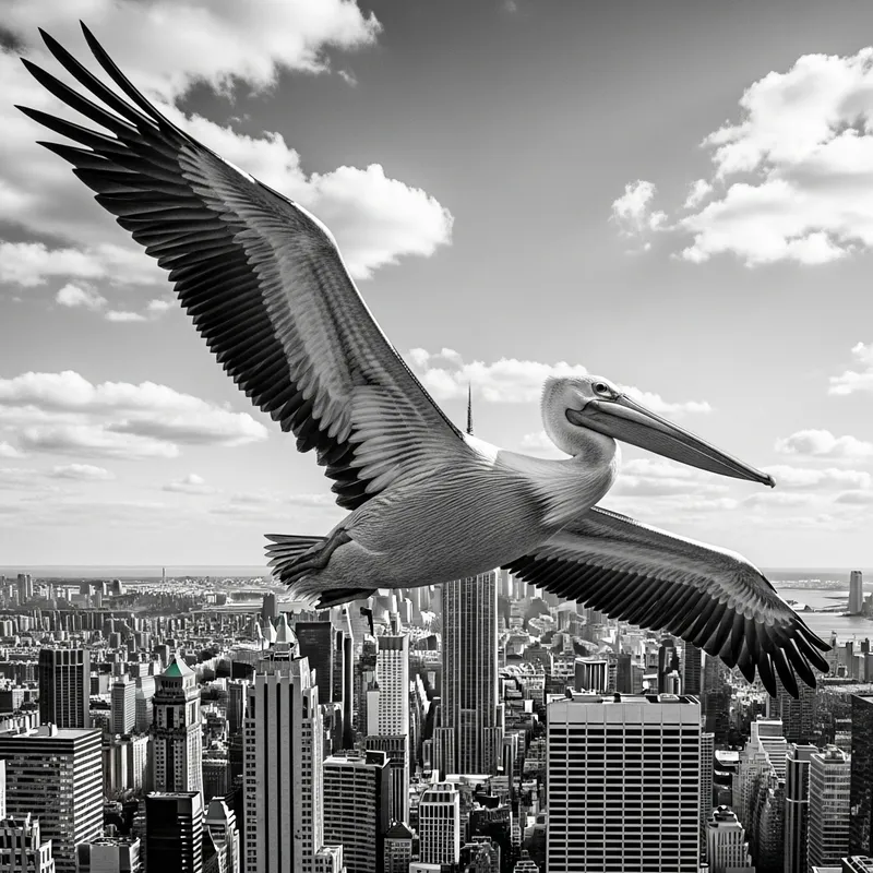 Black and White Pelican Over New York City