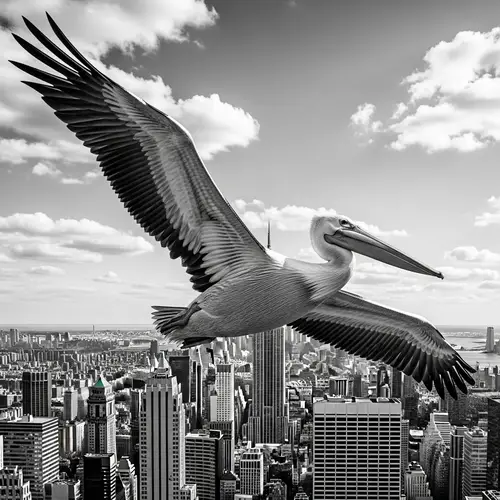 Black and White Pelican Over New York City