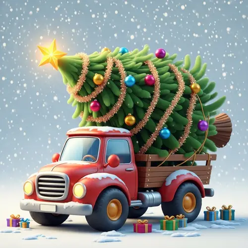 Cheerful Christmas Truck with Lush Green Tree and Presents