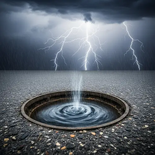 Turbulent Storm Drain Art: Dark Sky, Lightning, Pouring Rain