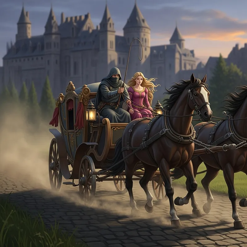 Medieval Escape: Princess & Masked Man Fleeing on Carriage