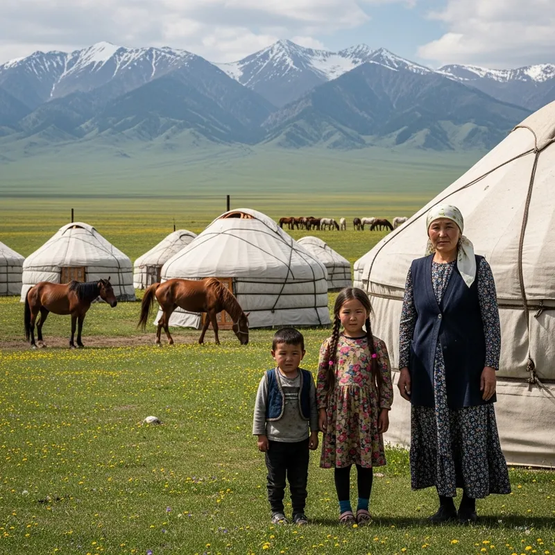Harmony of Kazakh Steppe: Mountains, Horses, Yurts, and Family Bond