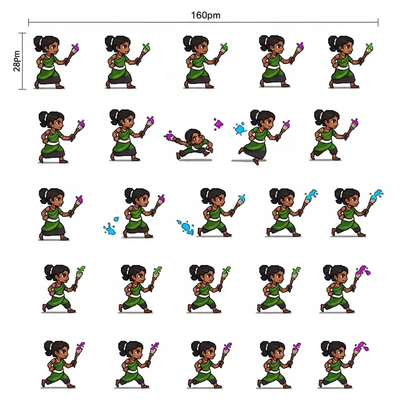 Female Artist Pixel Art Sprite Sheet | Paint Splash & Brush Weapon