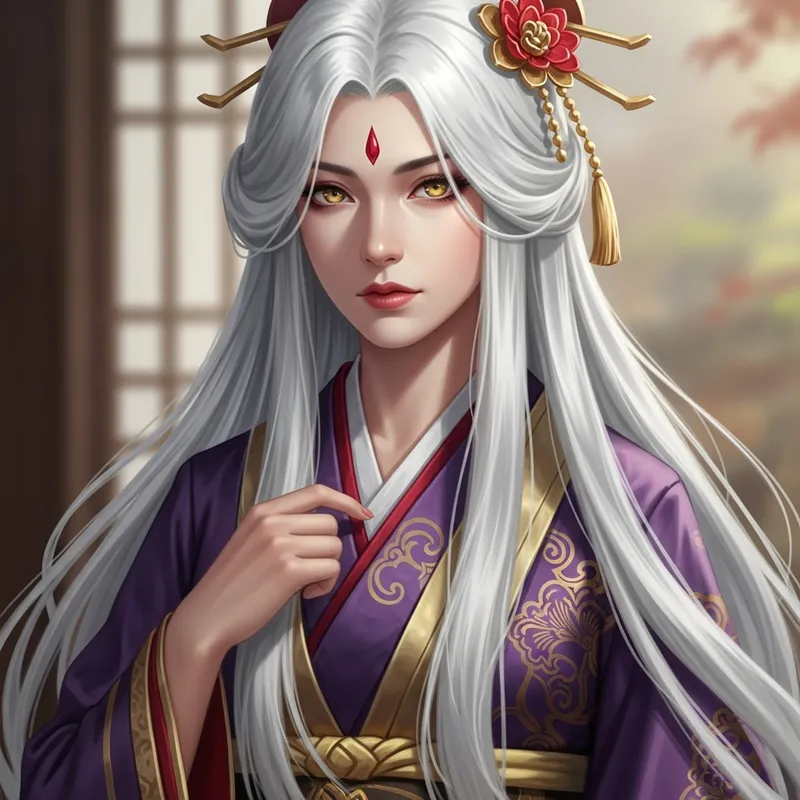 Mystic Woman in Elegant Kimono with White Hair