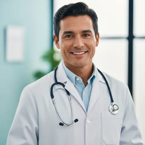 Professional Hispanic Doctor with Stethoscope in Calm Clinic Setting