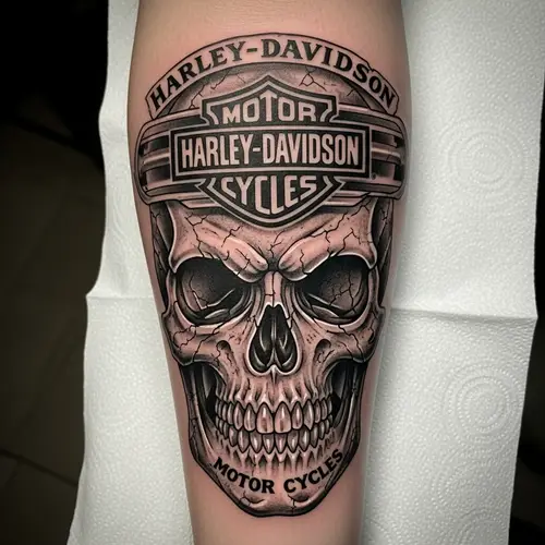 Skull and Harley Davidson Logo Forearm Tattoo Design
