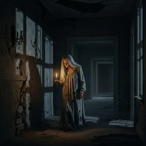 Eerie Elderly Woman in Haunted Mansion with Lit Candle