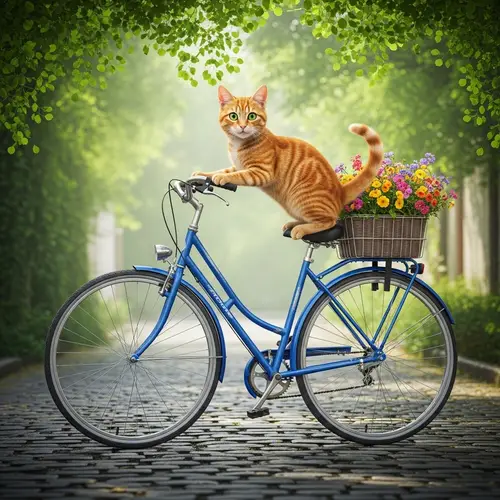 Ginger Tabby Cat on Vintage Bicycle | Colorful Flower Basket