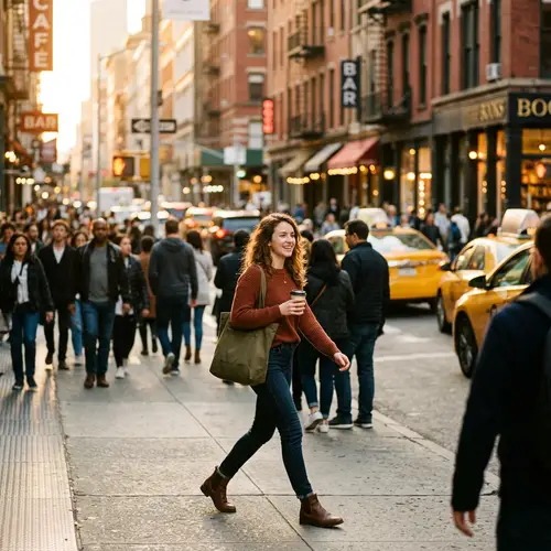 Young Woman in Busy City at Golden Hour