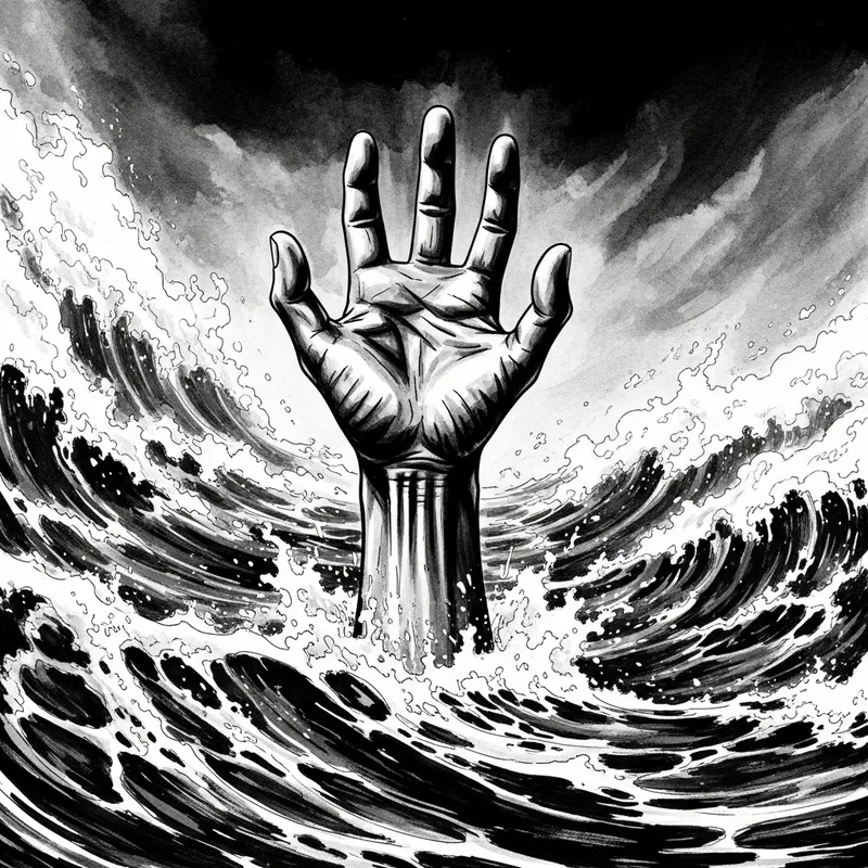 Desperate Hand Emerges from Turbulent Sea: Striking Black and White Image
